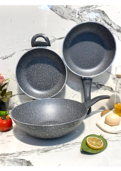 Granit Tava Set (28 cm Wok-24 cm Tava-20 cm Sahan)