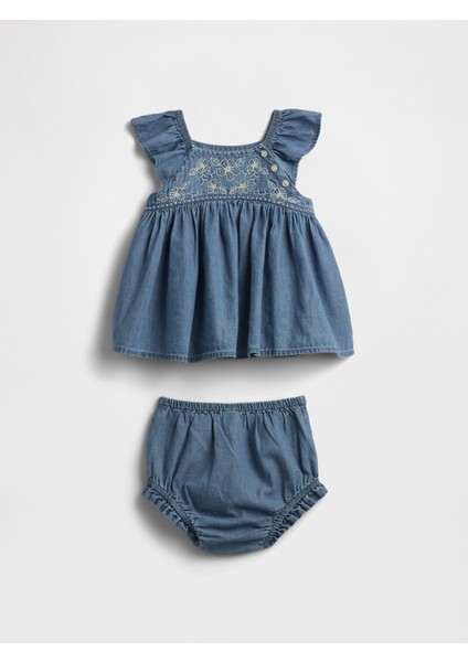 Bebek Koyu Mavi Fırfırlı Işlemeli Outfit Set