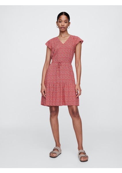 Kadın Kırmızı Desenli V Yaka Elbise