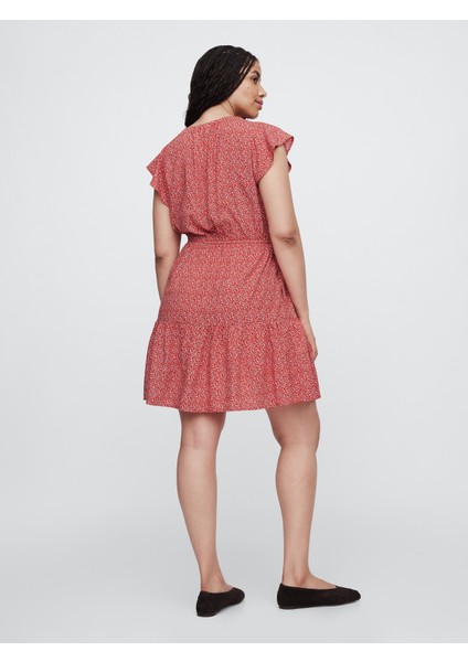 Kadın Kırmızı Desenli V Yaka Elbise modelleri