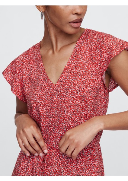 Kadın Kırmızı Desenli V Yaka Elbise indirimleri