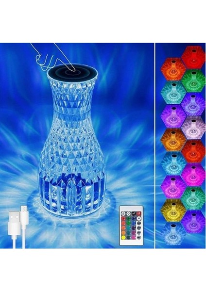 Sürahi Model USB Şarjlı Kumandalı 16 Farklı Işık Modlu Masa Üstü Kristal Akrilik Lamba LED