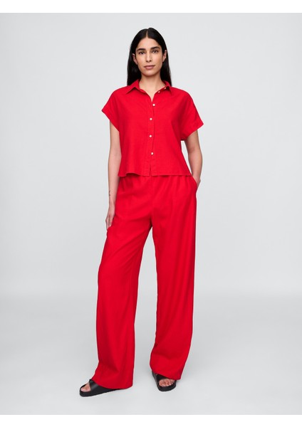 Kadın Kırmızı Keten Karışımlı Easy Wide Leg Pantolon