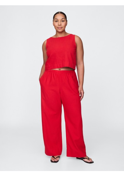 Kadın Kırmızı Keten Karışımlı Easy Wide Leg Pantolon indirimleri