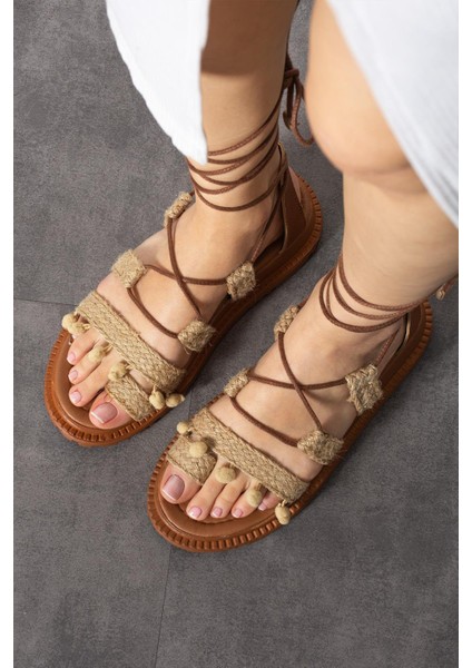 Zeyna Etnik Desenli Bağlamalı Sandalet- Hasır