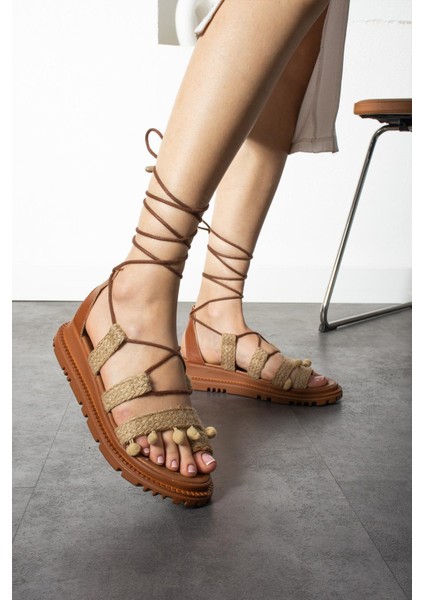 Zeyna Etnik Desenli Bağlamalı Sandalet- Hasır modelleri