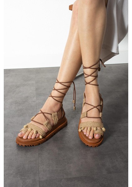 Zeyna Etnik Desenli Bağlamalı Sandalet- Hasır indirimleri