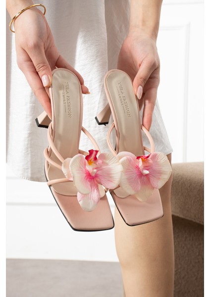 Flower Orkide Çiçek Topuklu Terlik Pudra modelleri