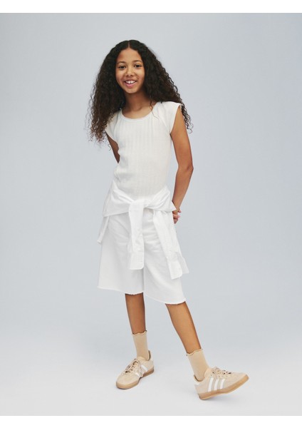 Kız Çocuk Kırık Beyaz Mid Rise Longline Denim Şort fiyatları