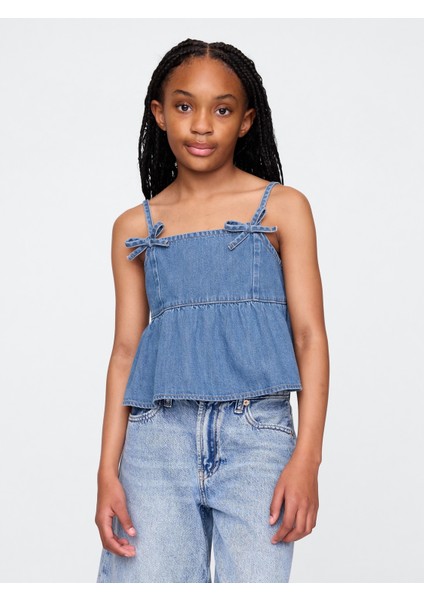 Kız Çocuk Mavi Denim Askılı Peplum Bluz