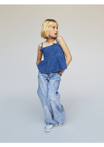 Kız Çocuk Mavi Denim Askılı Peplum Bluz