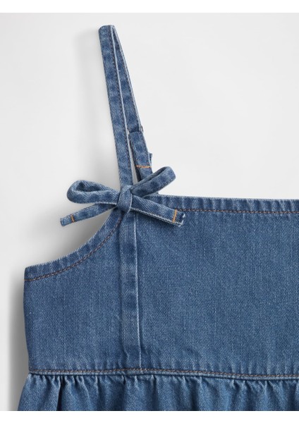 Kız Çocuk Mavi Denim Askılı Peplum Bluz
