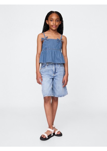 Kız Çocuk Mavi Denim Askılı Peplum Bluz