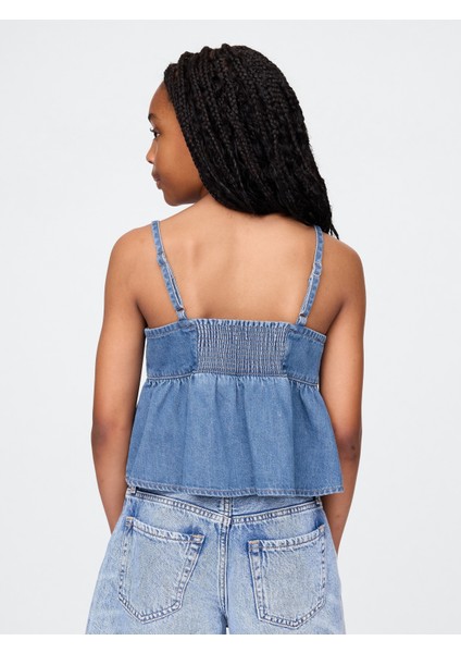 Kız Çocuk Mavi Denim Askılı Peplum Bluz