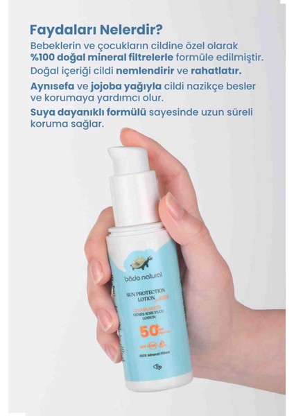 %100 Doğal 50+ Spf Yüksek Korumalı Çocuk Bade Natural Güneş Koruyucu Losyon Mineral Filtreli 100 ml