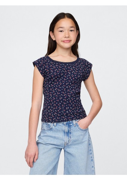 Kız Çocuk Lacivert Pointelle T-Shirt