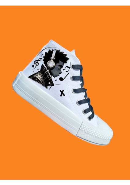Nota Müzik Ritmi Baskılı Beyaz Keten Bağcıklı Çocuk Spor Ayakkabı Sneaker