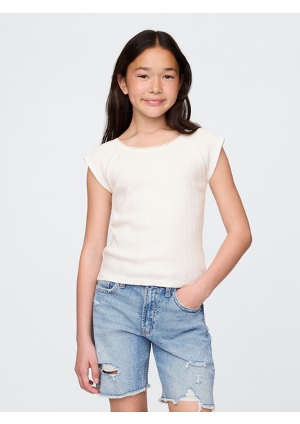 Kız Çocuk Kırık Beyaz Pointelle T-Shirt