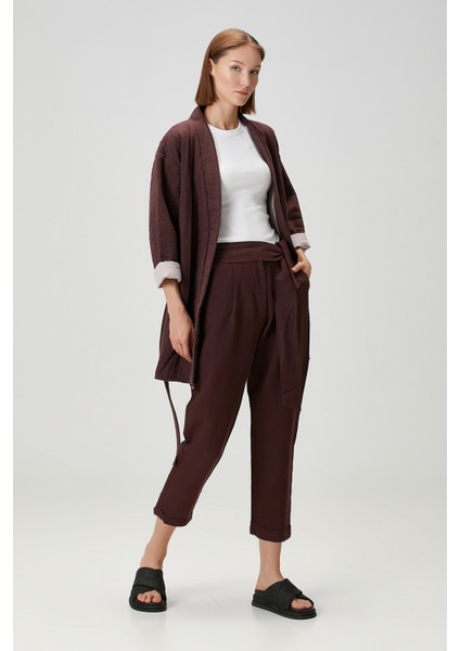 Belted Keten Pantolon Bordo