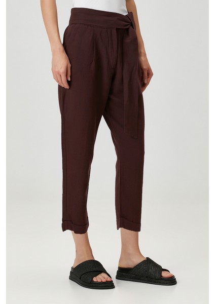 Belted Keten Pantolon Bordo
