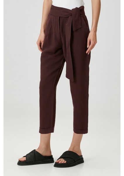 Belted Keten Pantolon Bordo