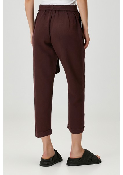 Belted Keten Pantolon Bordo