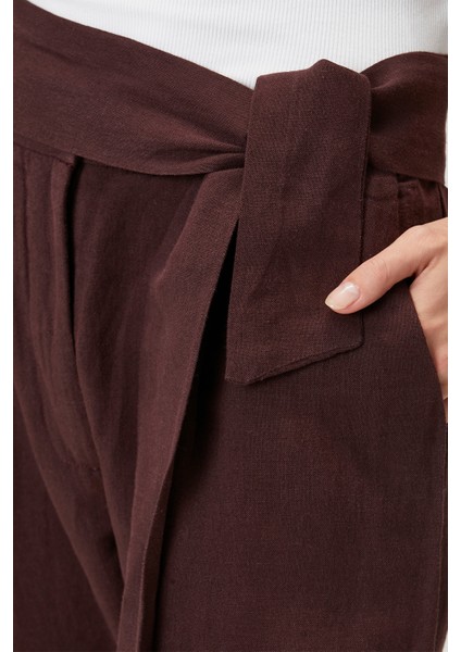 Belted Keten Pantolon Bordo