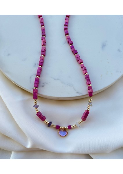 Gold Fuşya Boncuk Sıralı Kalp Motifli Kadın Kolye Yazlık Kolye Abiye Kolye Vintage Kolye