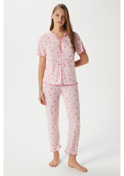 Kadın Juliet Kurdeleli Yumuşak Doku Pembe Çiçekli Pijama Takımı