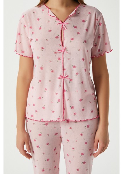 Kadın Juliet Kurdeleli Yumuşak Doku Pembe Çiçekli Pijama Takımı