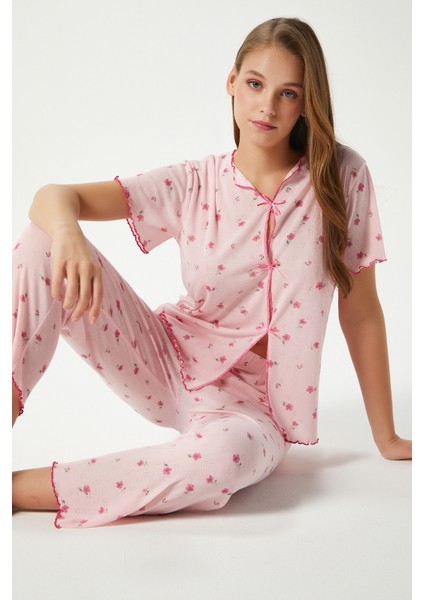 Kadın Juliet Kurdeleli Yumuşak Doku Pembe Çiçekli Pijama Takımı