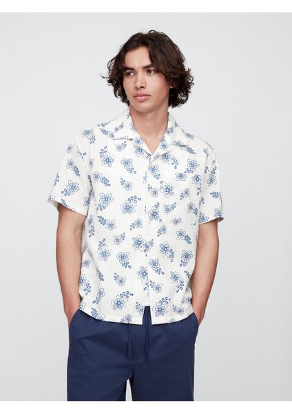Erkek Çiçek Desenli Seersucker Boxy Fit Gömlek