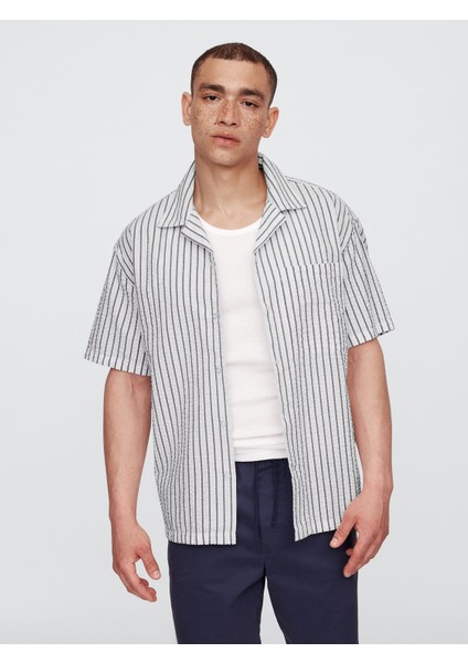 Erkek Beyaz Seersucker Boxy Fit Gömlek
