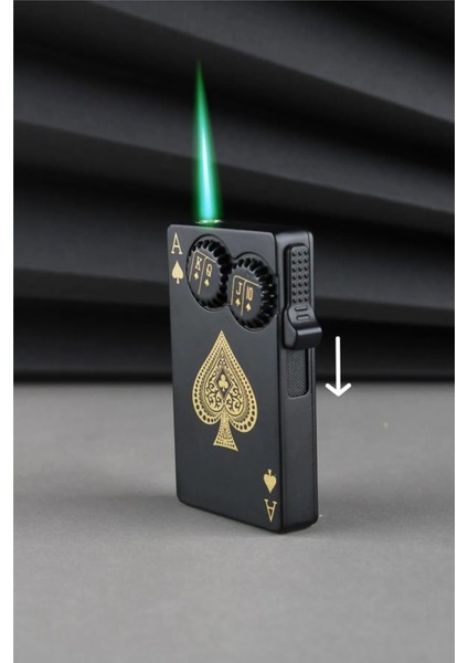 Yeni Özel Tasarım Yeşil Alevli Iskambil Kartı Poker Temalı Gazlı Metal Jet Çakmak Siyah