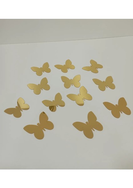 Dekoratif Kelebek Aynalı Gold Pleksi Dekorasyon Ürünü (12 Adet) 5X6cm (Kendinden Yapışkanlı)