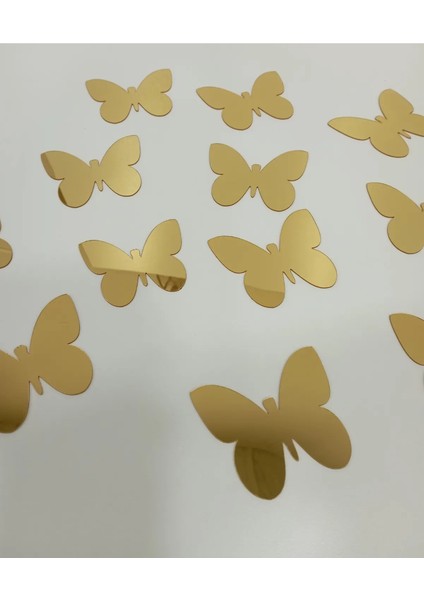 Dekoratif Kelebek Aynalı Gold Pleksi Dekorasyon Ürünü (12 Adet) 5X6cm (Kendinden Yapışkanlı)