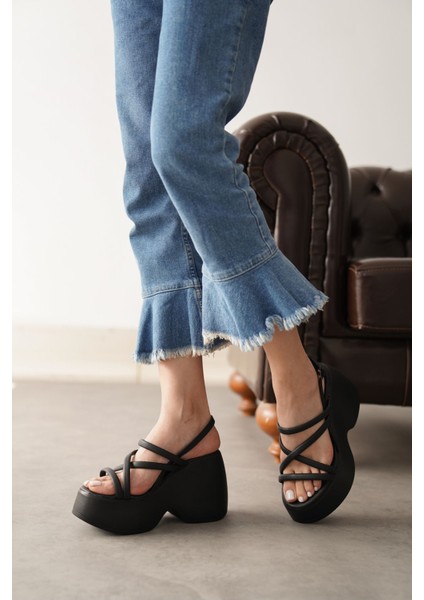 Kadın Jakar Dolgu Topuklu Sandalet - Siyah-Deri indirimleri