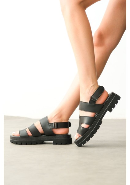 Kadın Boston Tokalı Kalın Tabanlı Sandalet - Siyah-Deri fiyatları