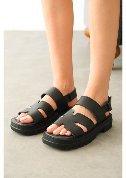 Kadın Boston Tokalı Kalın Tabanlı Sandalet - Siyah-Deri modelleri