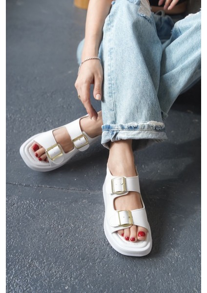 Kadın Zero Tokalı Kalın Tabanlı Sandalet - Beyaz