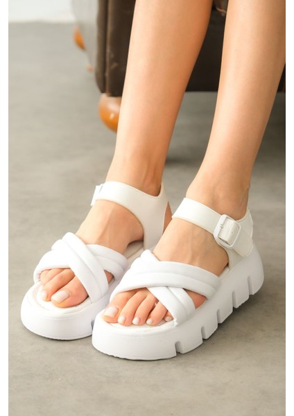 Kadın Zeus Kalın Tabanlı Yumuşak Sandalet - Beyaz