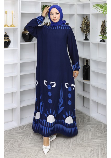 Kolu Lastikli Desenli Elbise 0084-01 Lacivert