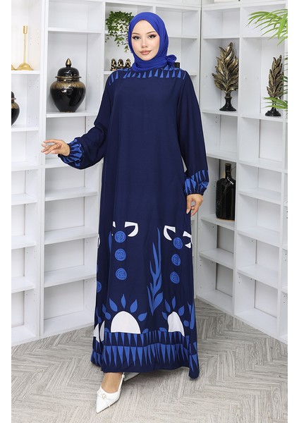 Kolu Lastikli Desenli Elbise 0084-01 Lacivert fiyatları