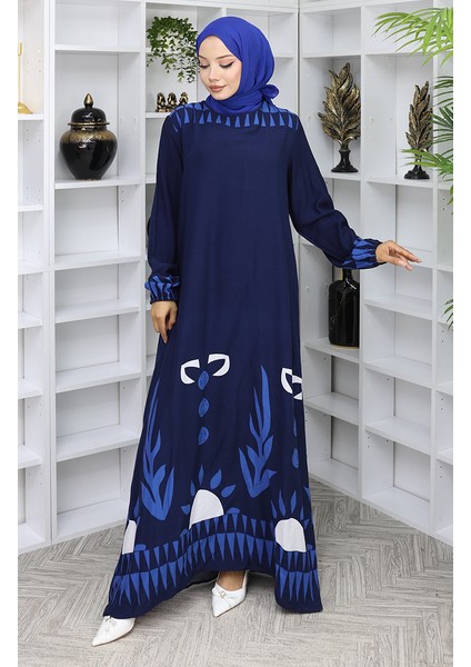 Kolu Lastikli Desenli Elbise 0084-01 Lacivert modelleri