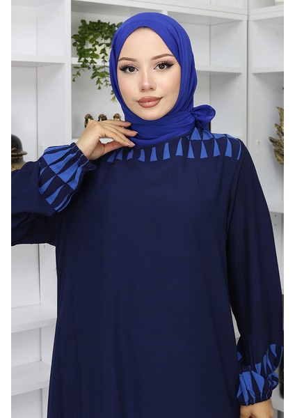 Kolu Lastikli Desenli Elbise 0084-01 Lacivert fırsatları