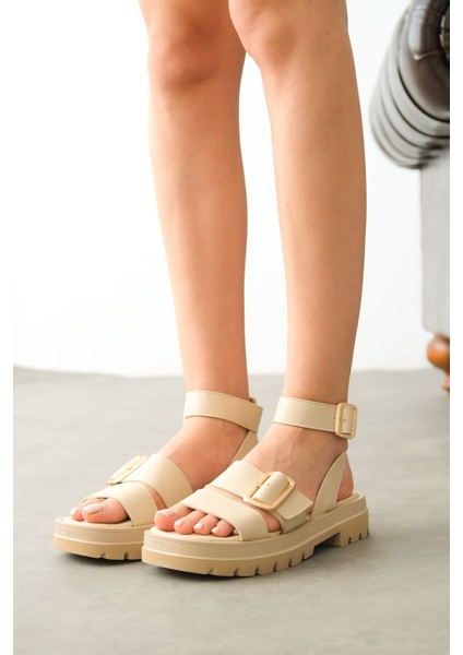 Kadın Robin Tokalı Kalın Tabanlı Sandalet - Ten Deri