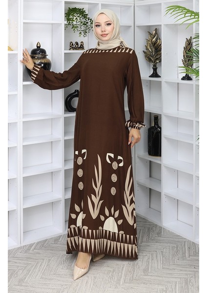 Kolu Lastikli Desenli Elbise 0084-03 Kahverengi fiyatları