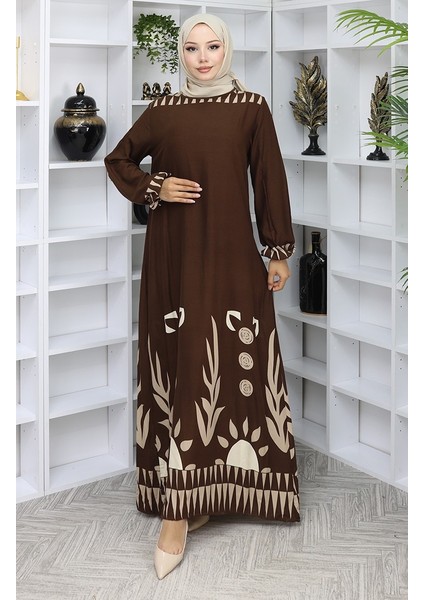 Kolu Lastikli Desenli Elbise 0084-03 Kahverengi modelleri