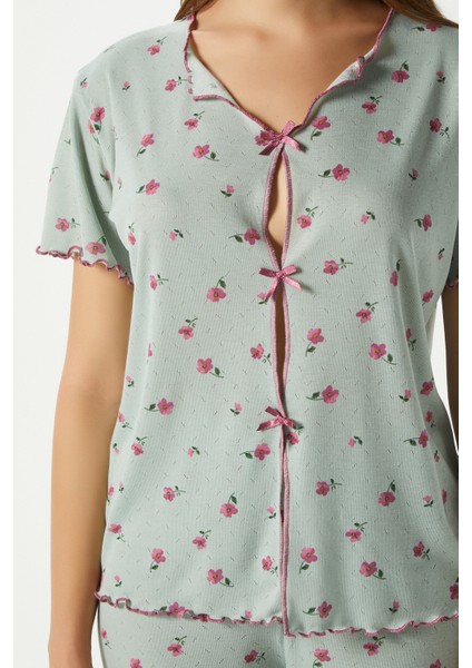 Kadın Juliet Kurdeleli Yumuşak Doku Yeşil Çiçekli Pijama Takımı
