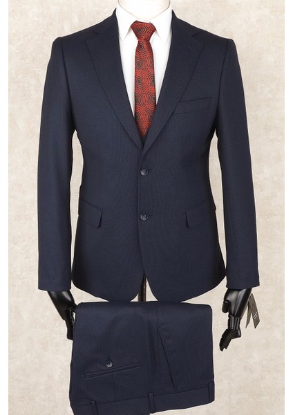 Slim Fit Mono Yaka-Çift Yırtmaç Lacivert Kareli Yelekli Drop 6 Takım Elbise